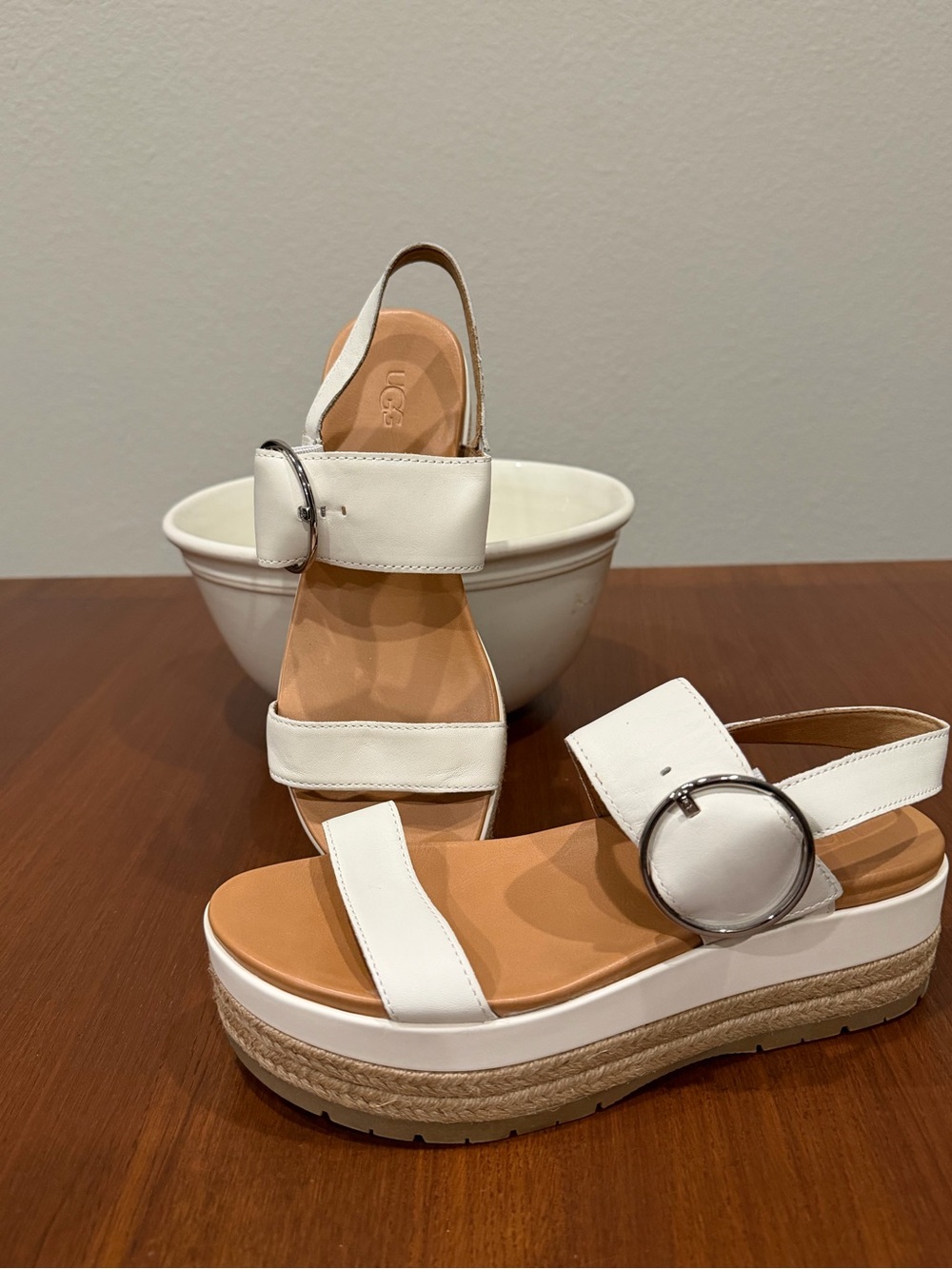 UGG White Platform Slingback Sandals with Buckle, Size 8.5